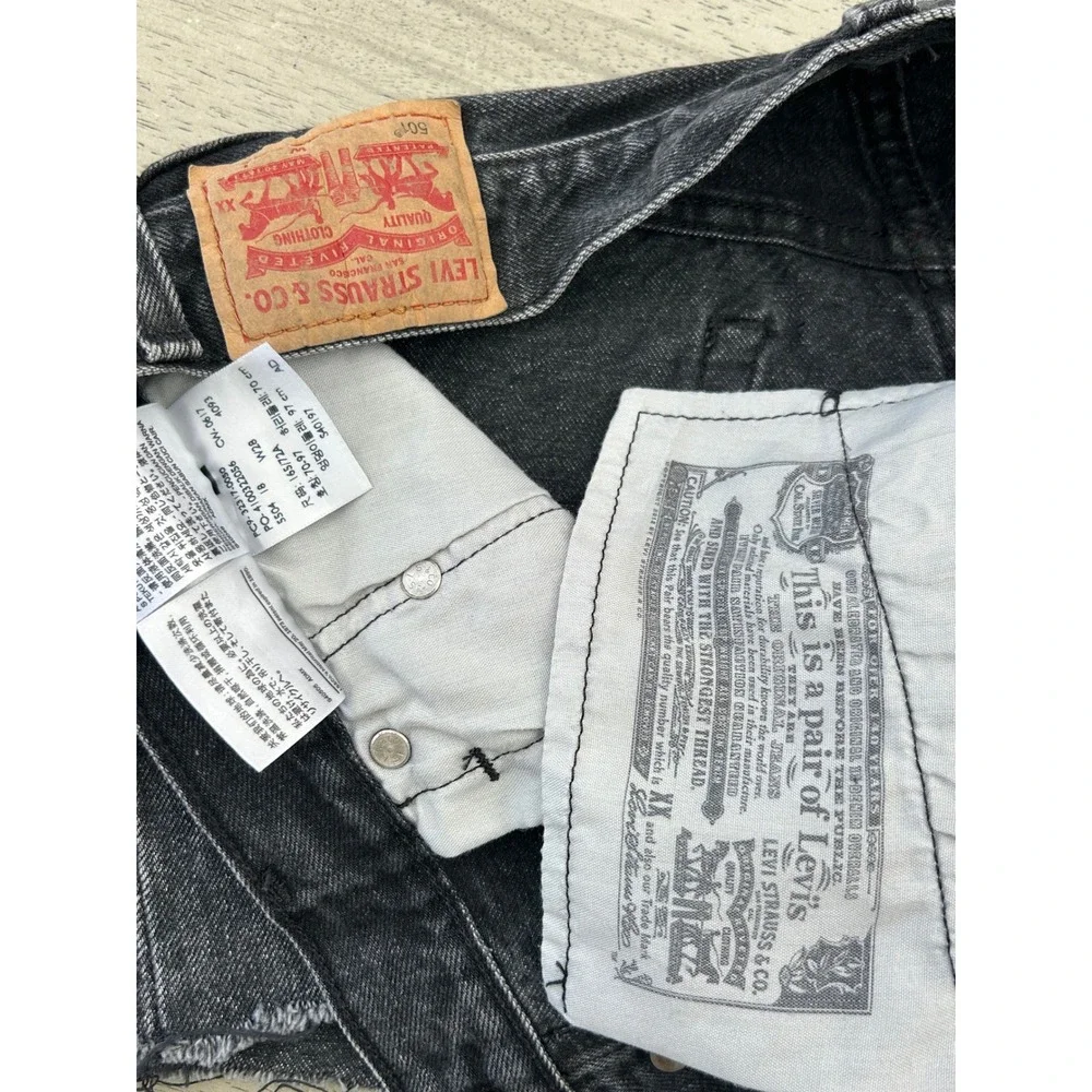 Levis 501 Original High Rise Denim Shorts Washed Black Cut Off Button Fly W28